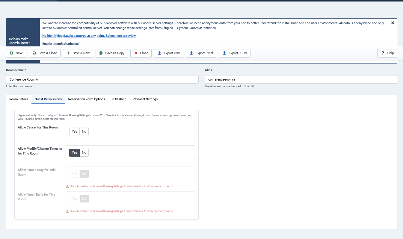 Room edit — Guest Permissions tab